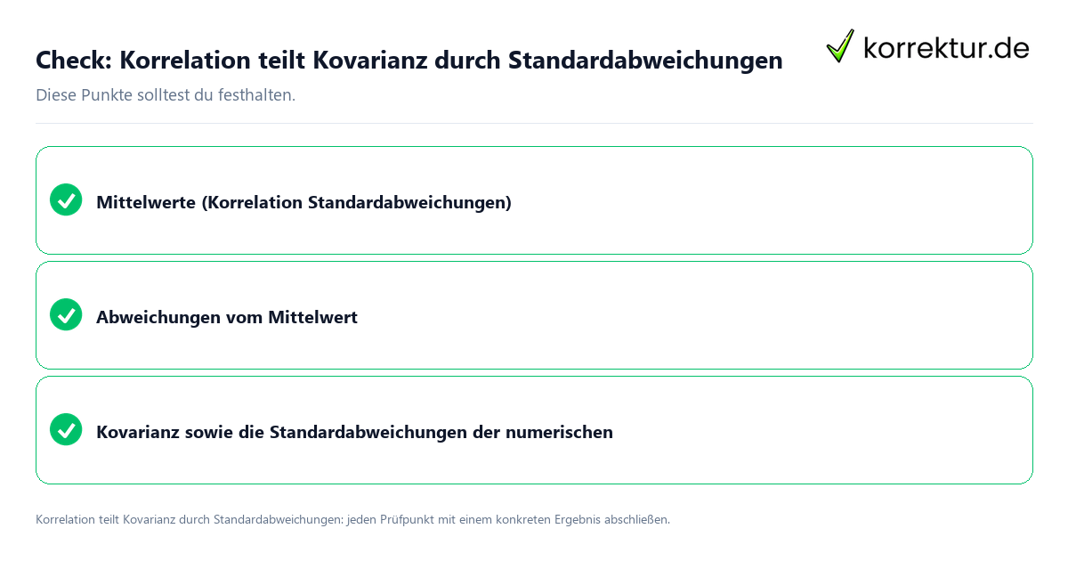 Check: Korrelation teilt Kovarianz durch Standardabweichungen Korrelation teilt Kovarianz durch Standardabweichungen mit einer themenspezifischen Checkliste