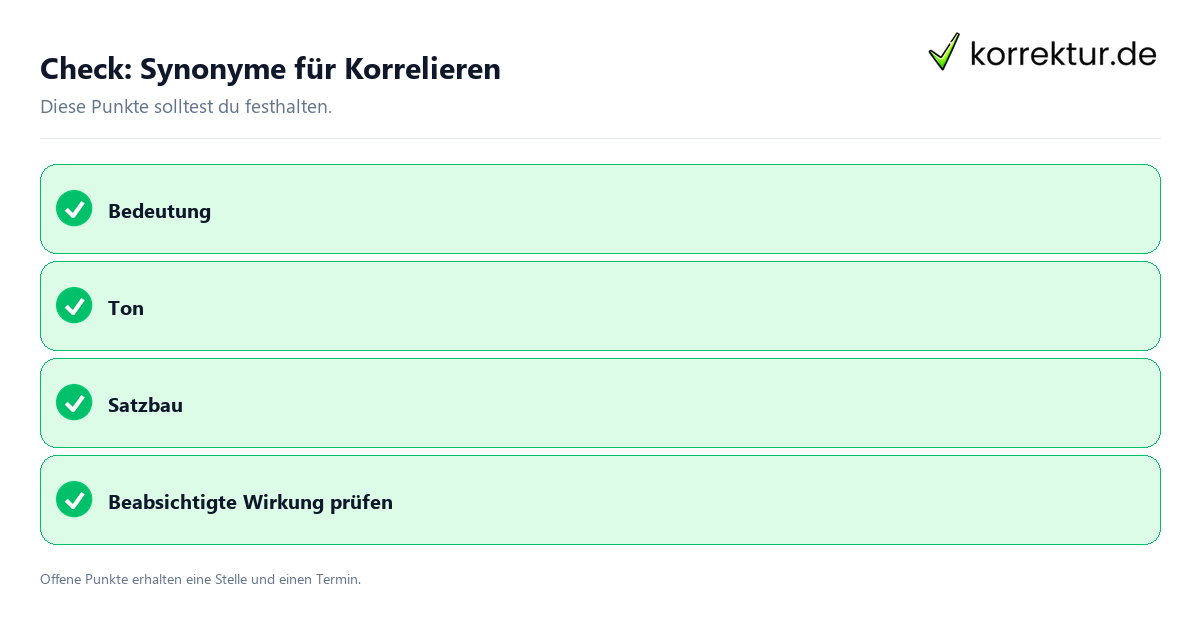 Synonyme für Korrelieren mit Checkliste für Unterlagen und nächste Schritte