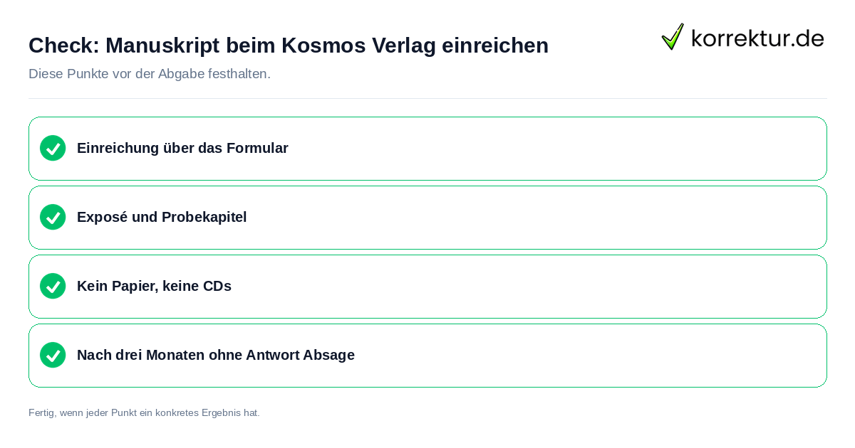 Check: Manuskript beim Kosmos Verlag einreichen Manuskript beim Kosmos Verlag einreichen: Prüfliste mit vier Punkten