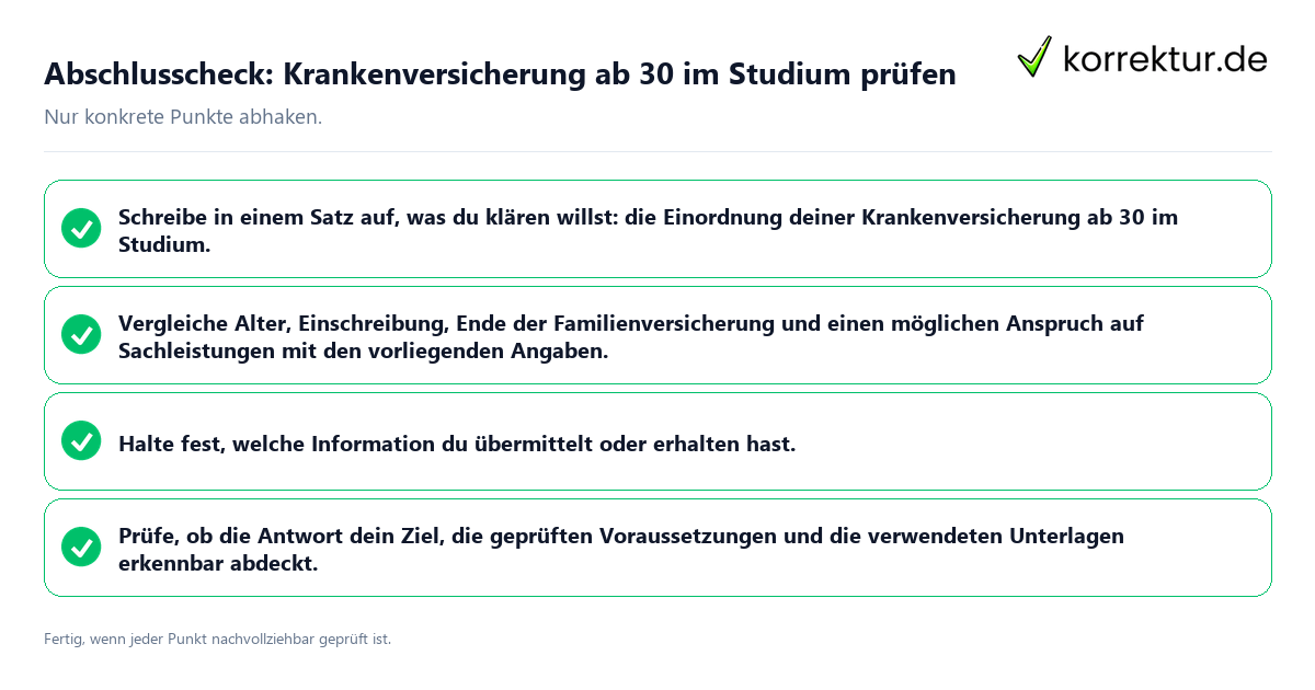 Konkreter Abschlusscheck zu Krankenversicherung ab 30 im Studium prüfen