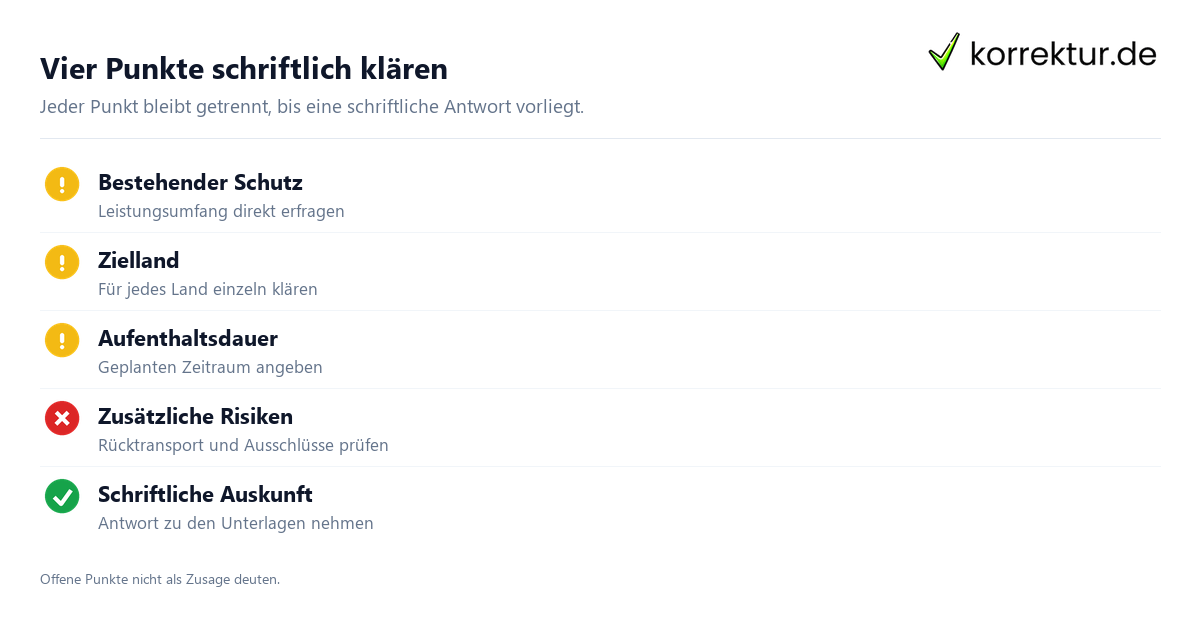 Vier Punkte schriftlich klären Krankenversicherung im Auslandssemester klären mit Prüfpunkten