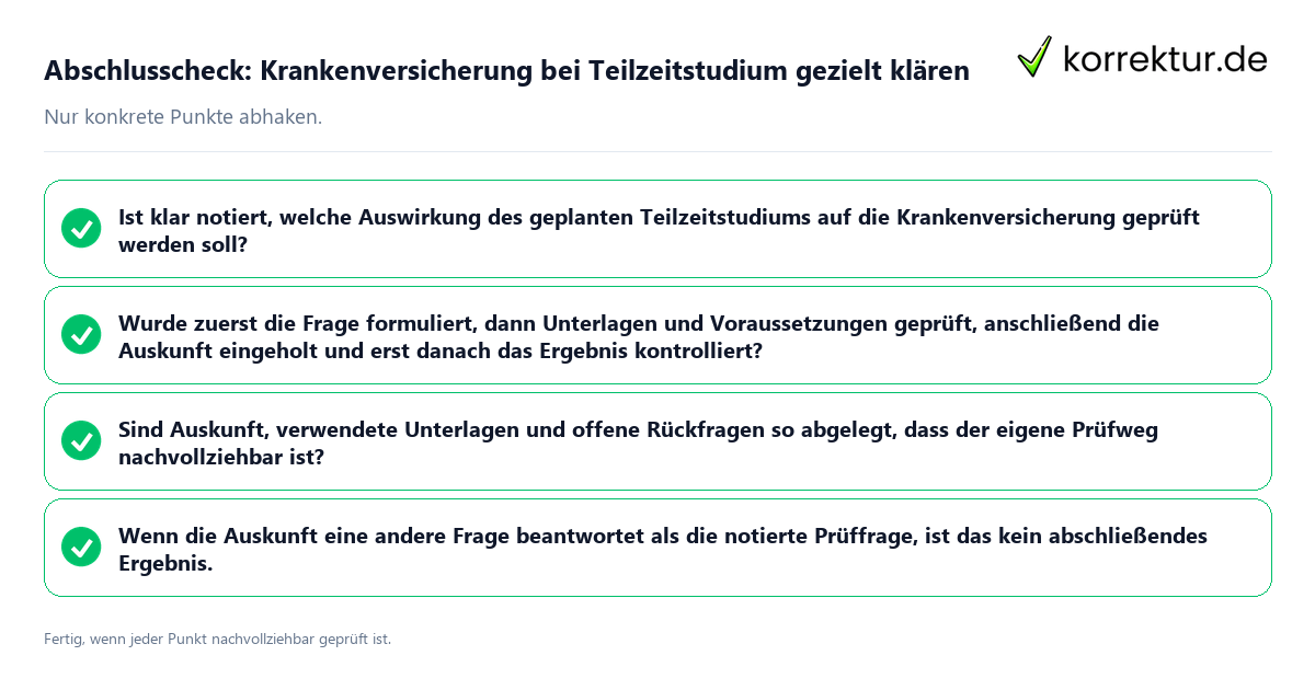 Konkreter Abschlusscheck zu Krankenversicherung bei Teilzeitstudium gezielt klären