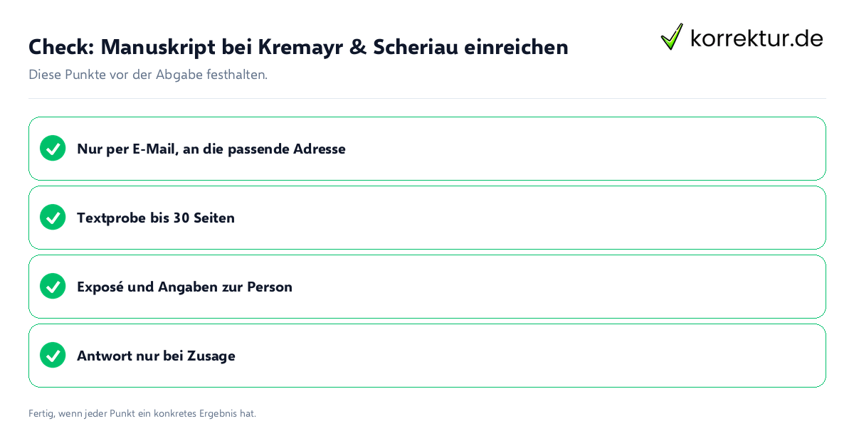 Check: Manuskript bei Kremayr & Scheriau einreichen Manuskript bei Kremayr & Scheriau einreichen: Prüfliste mit vier Punkten