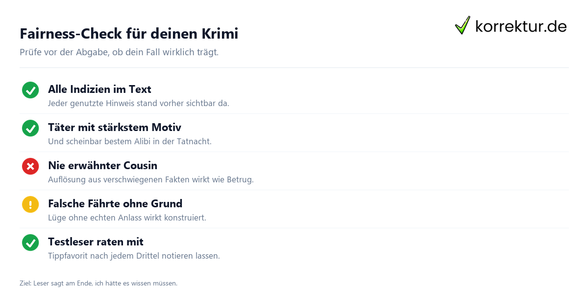 Krimi schreiben Checkliste: faire Hinweise und falsche Fährten
