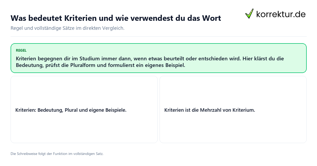 Konkrete Regel und vollständige Beispielsätze zu Was bedeutet Kriterien und wie verwendest du