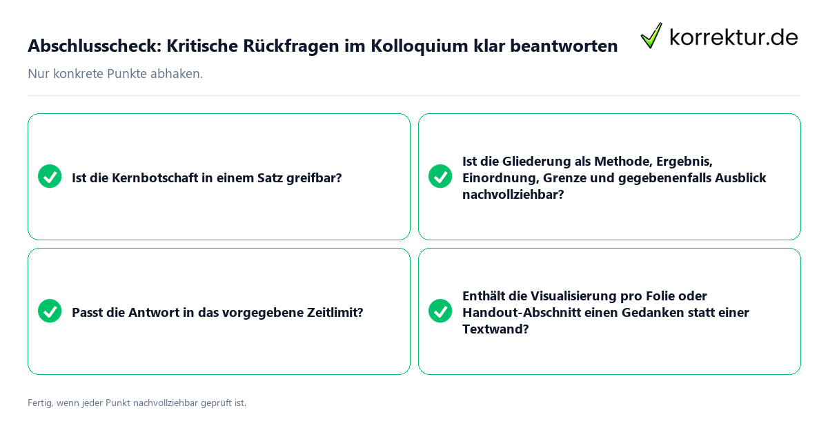 Konkreter Abschlusscheck zu Kritische Rückfragen im Kolloquium klar beantworten