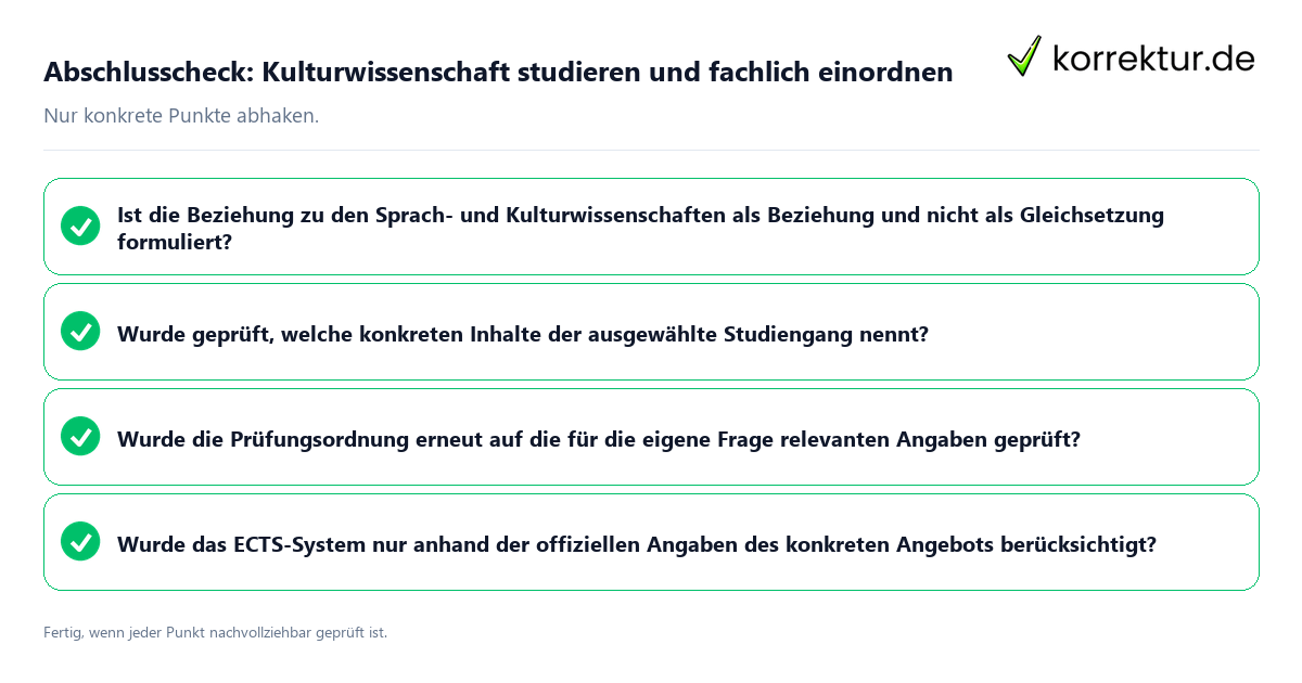 Konkreter Abschlusscheck zu Kulturwissenschaft studieren und fachlich einordnen