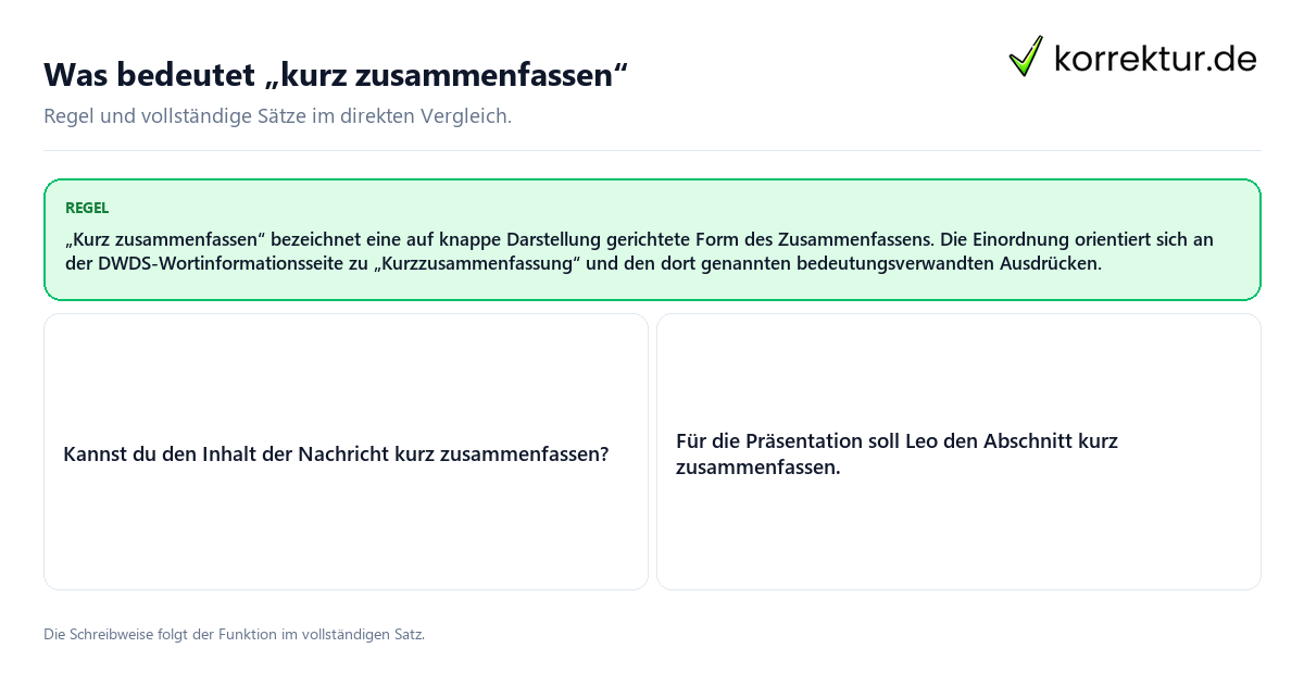 Konkrete Regel und vollständige Beispielsätze zu Was bedeutet „kurz zusammenfassen“