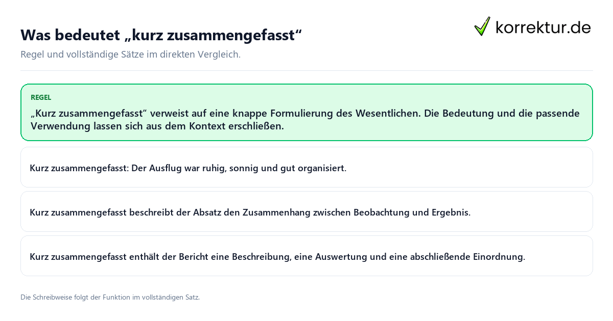 Konkrete Regel und vollständige Beispielsätze zu Was bedeutet „kurz zusammengefasst“