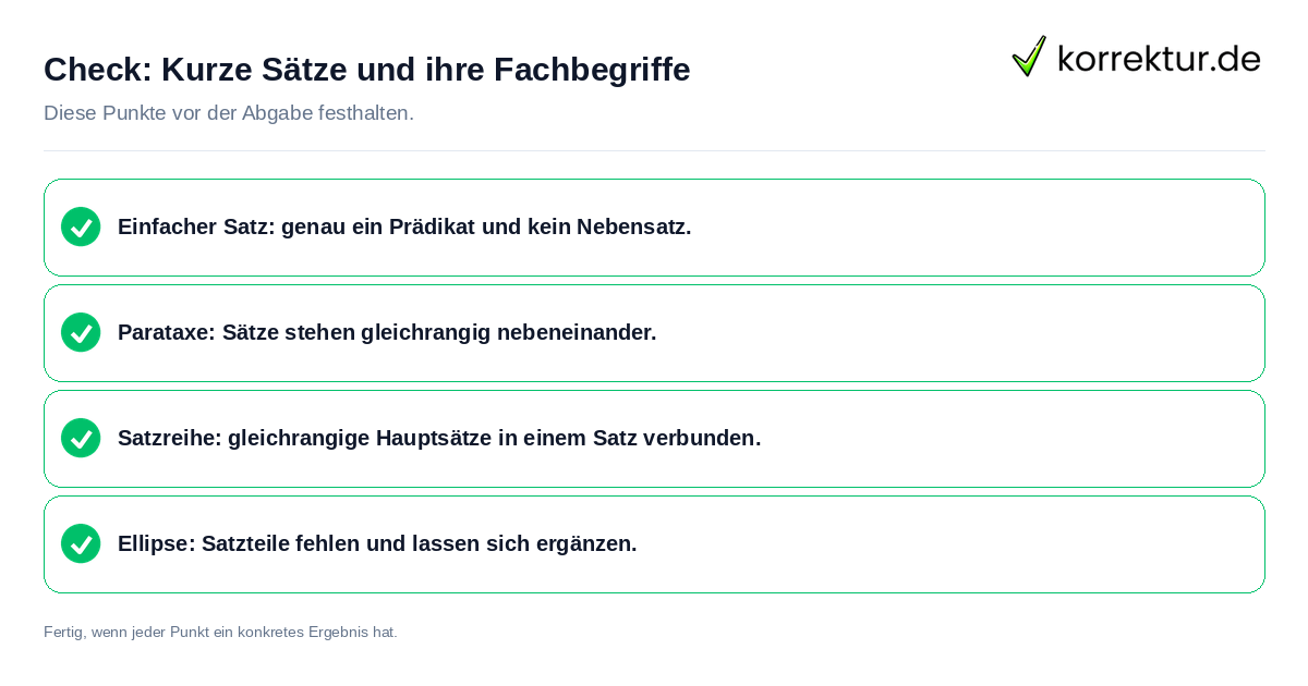 Check: Kurze Sätze und ihre Fachbegriffe Kurze Sätze und ihre Fachbegriffe: Prüfliste mit vier Punkten