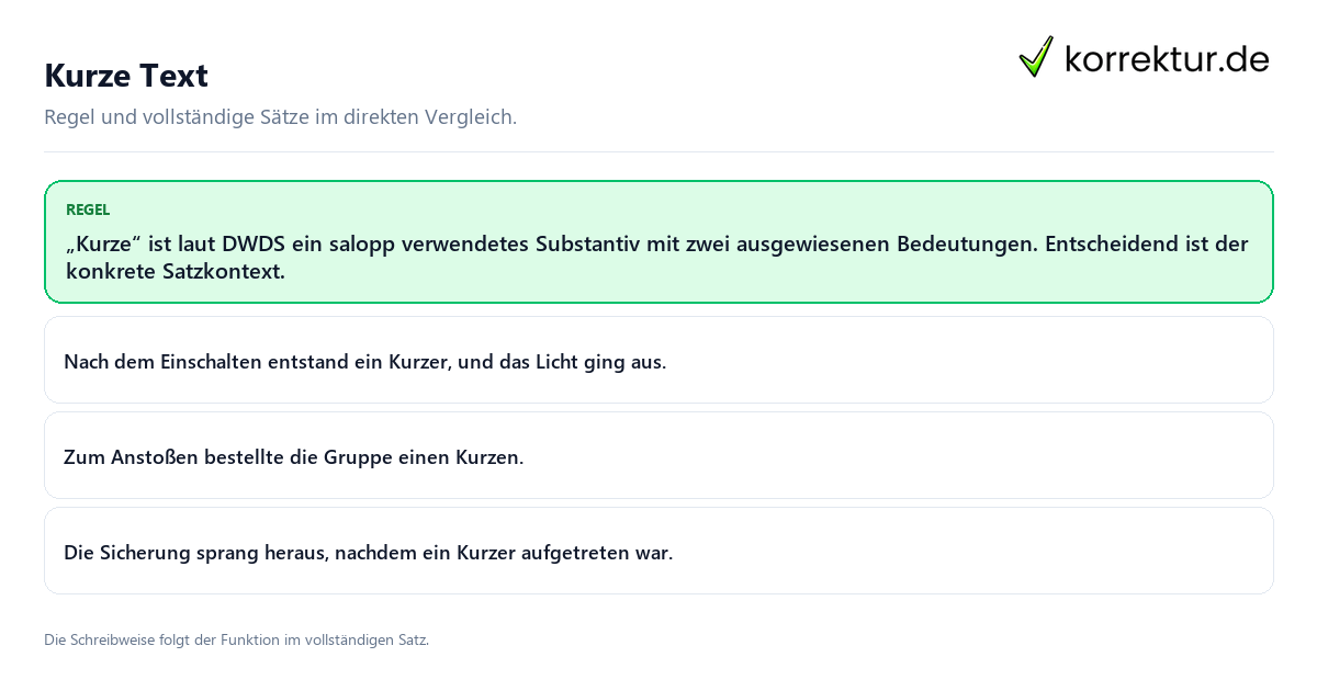 Konkrete Regel und vollständige Beispielsätze zu Kurze Text