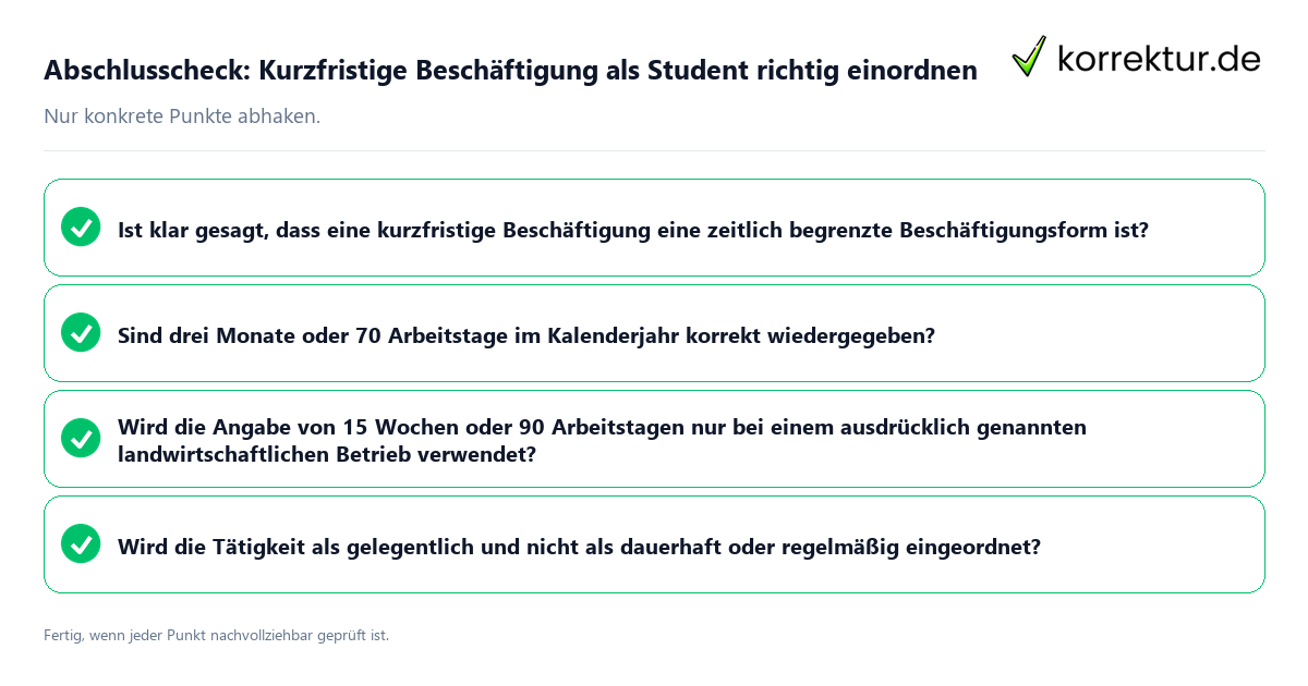 Konkreter Abschlusscheck zu Kurzfristige Beschäftigung als Student richtig einordnen