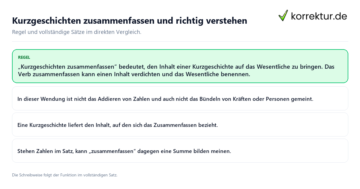 Kurzgeschichten zusammenfassen und richtig verstehen Konkrete Regel und vollständige Beispielsätze zu Kurzgeschichten zusammenfassen und richtig verstehen