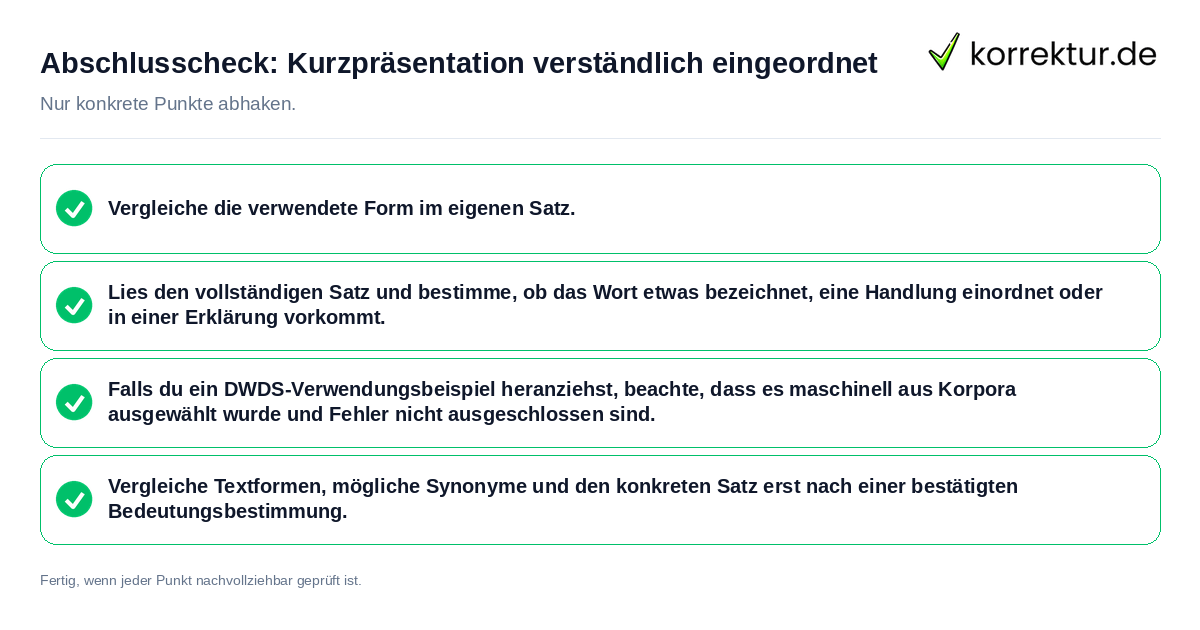 Konkreter Abschlusscheck zu Kurzpräsentation verständlich eingeordnet