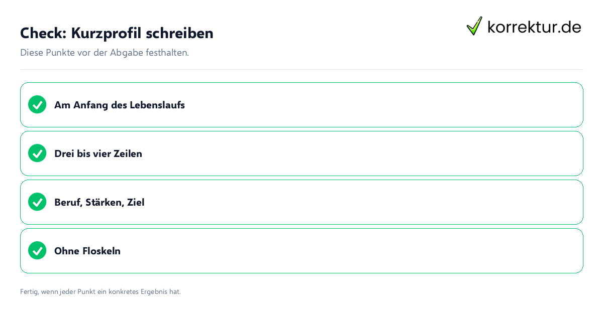 Check: Kurzprofil schreiben Kurzprofil schreiben: Prüfliste mit vier Punkten