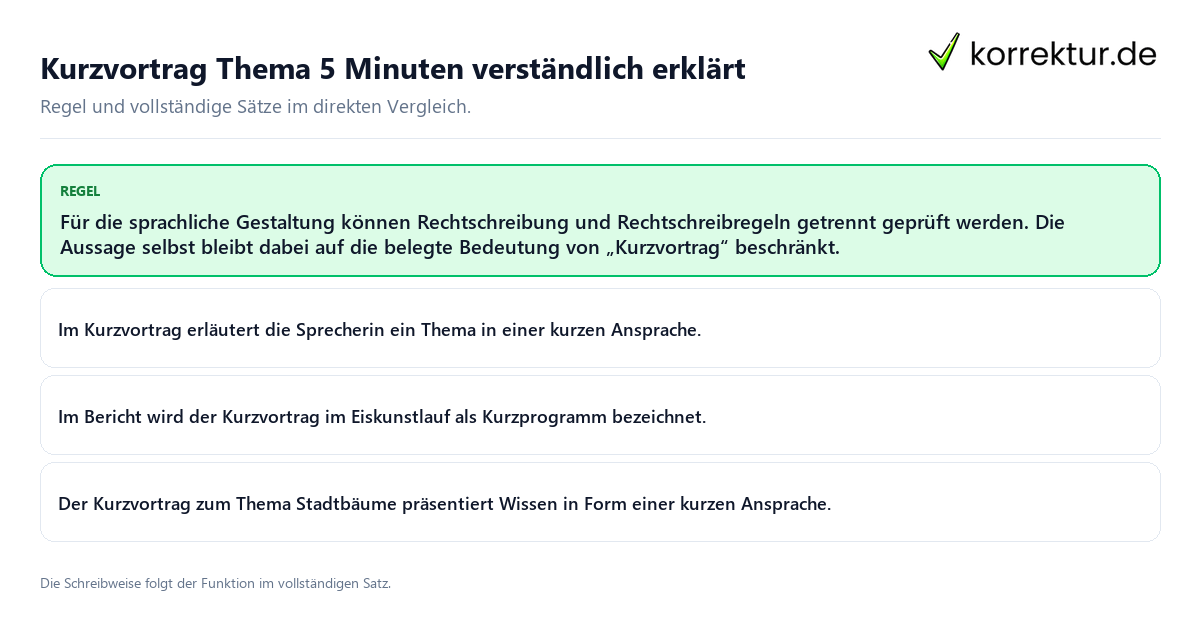 Kurzvortrag Thema 5 Minuten verständlich erklärt Konkrete Regel und vollständige Beispielsätze zu Kurzvortrag Thema 5 Minuten verständlich erklärt