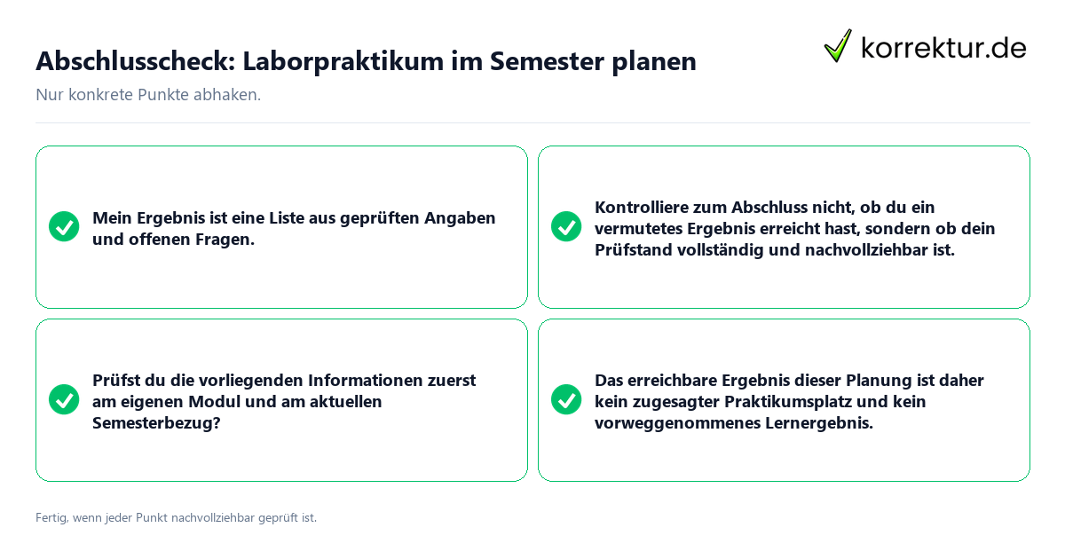 Konkreter Abschlusscheck zu Laborpraktikum im Semester planen