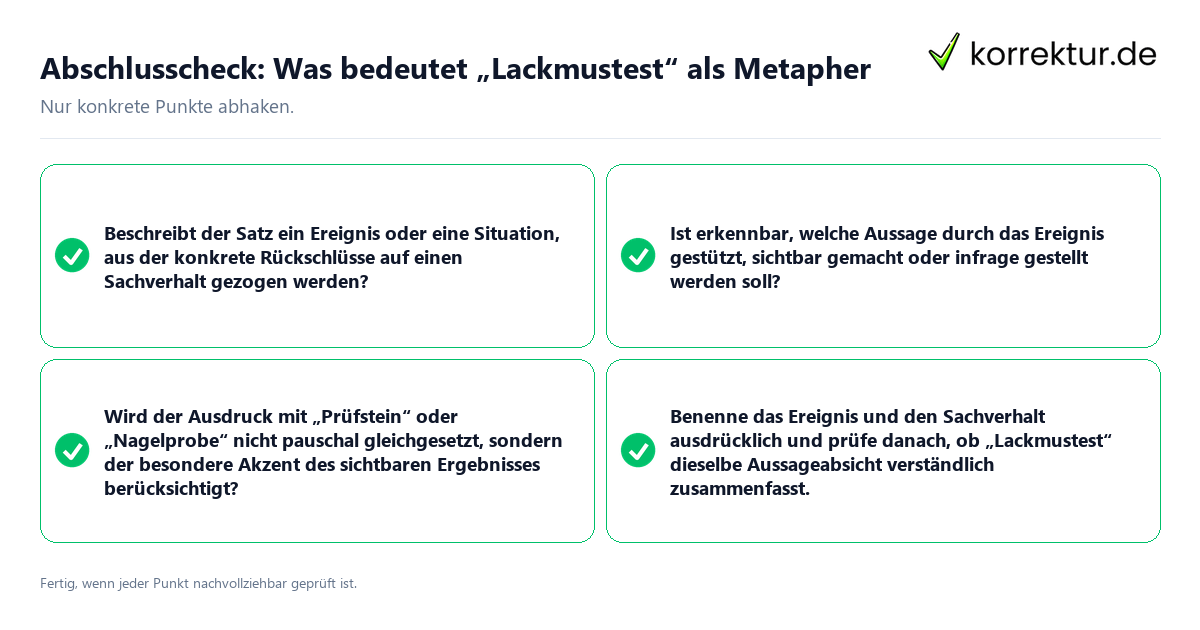 Konkreter Abschlusscheck zu Was bedeutet „Lackmustest“ als Metapher
