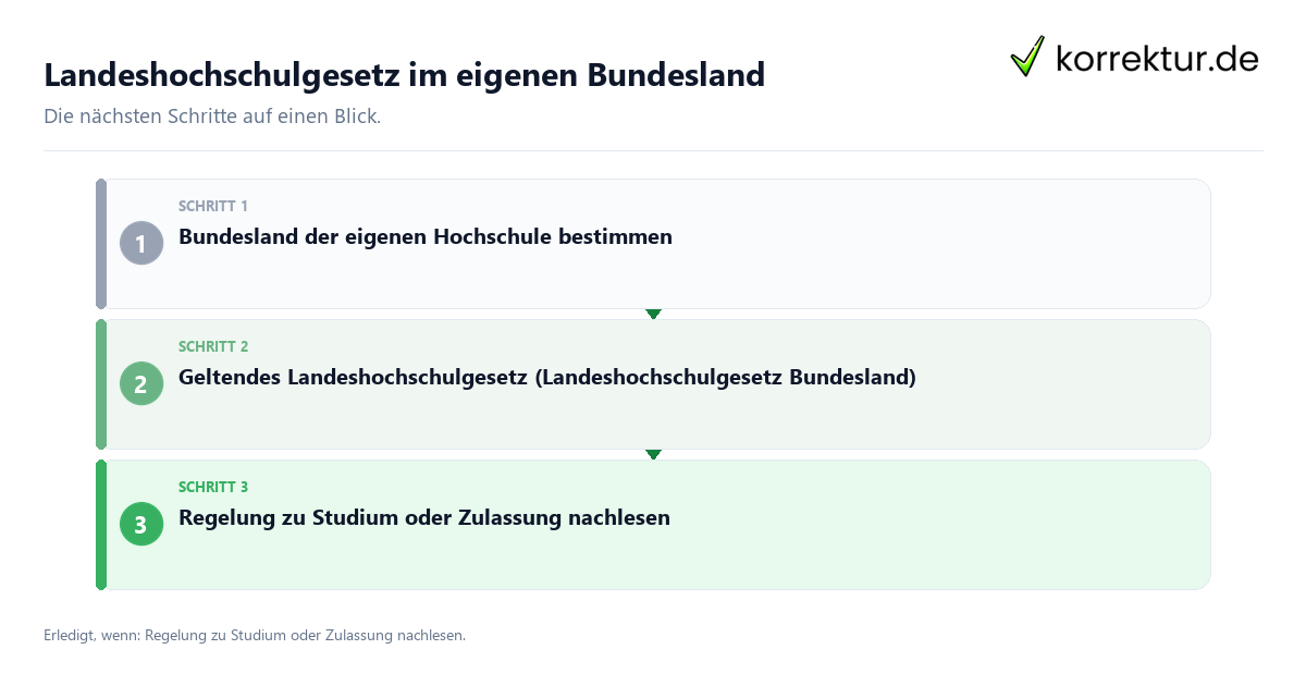 Landeshochschulgesetz im eigenen Bundesland mit einem Ablauf aus Prüfung, Kontakt und Dokumentation