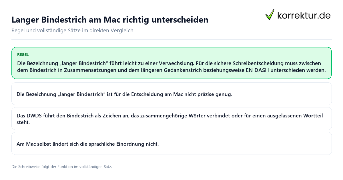 Konkrete Regel und vollständige Beispielsätze zu Langer Bindestrich am Mac richtig unterscheiden