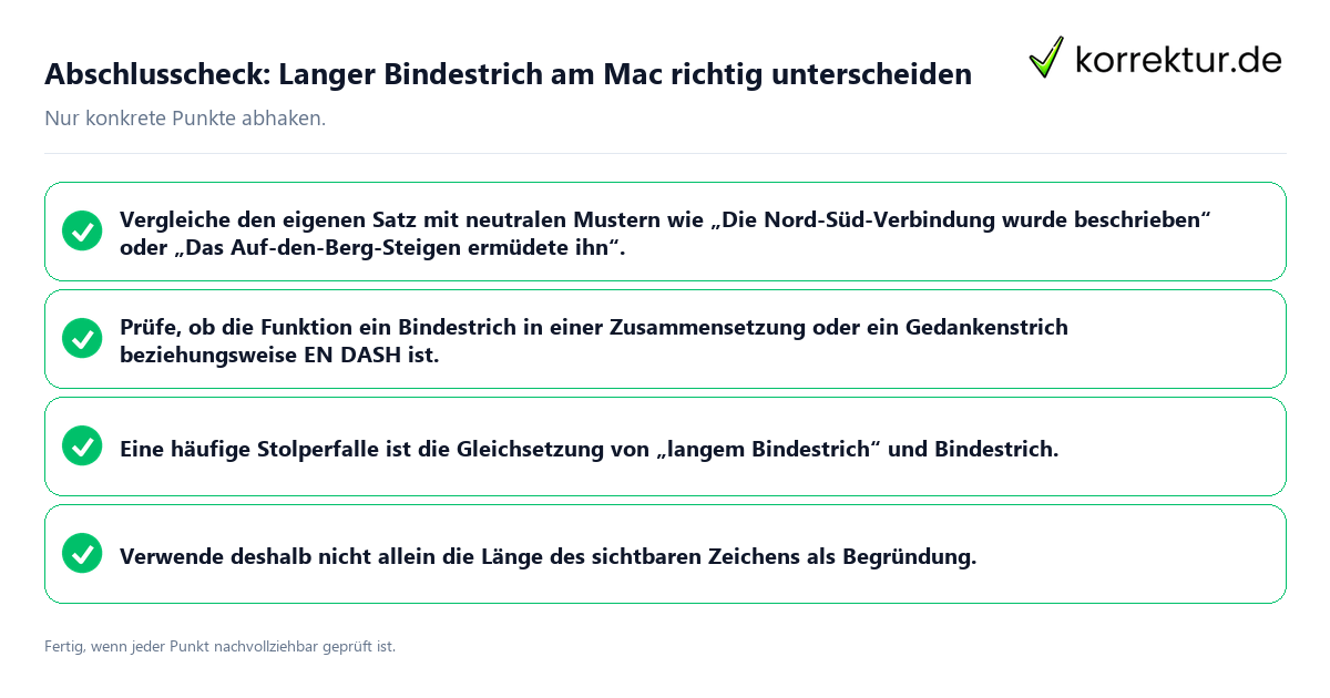 Konkreter Abschlusscheck zu Langer Bindestrich am Mac richtig unterscheiden