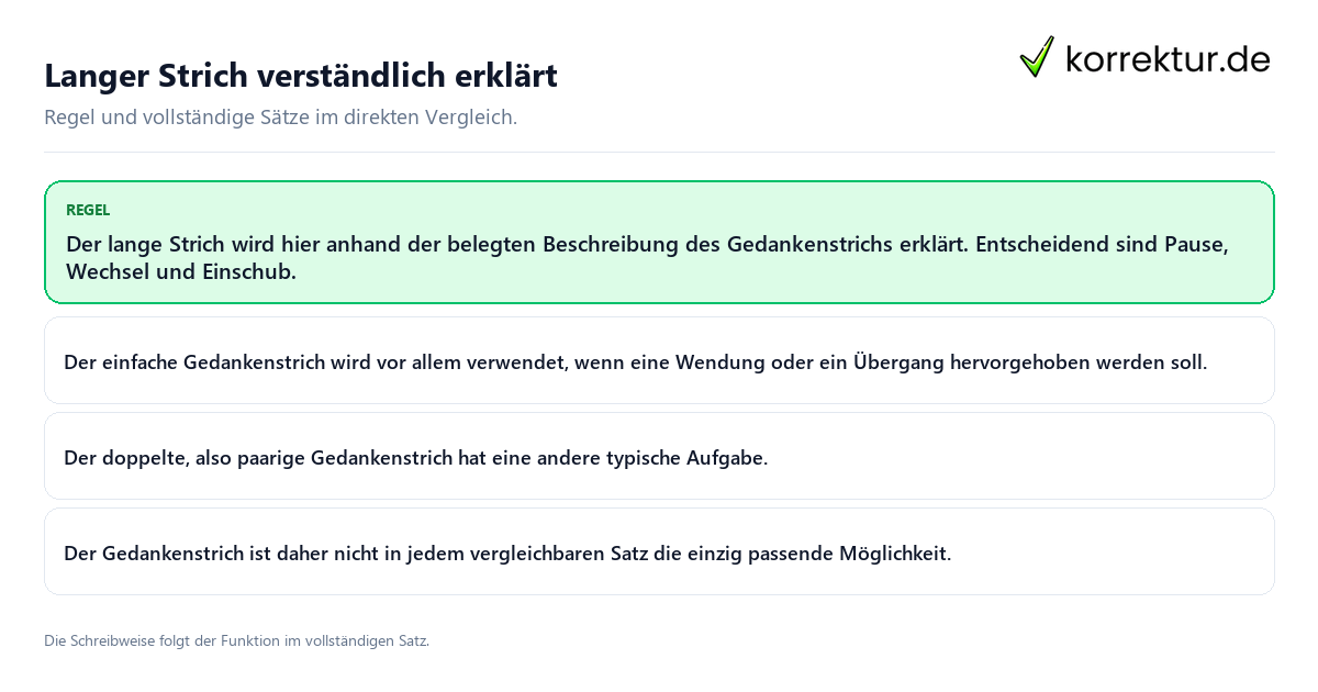 Langer Strich verständlich erklärt Konkrete Regel und vollständige Beispielsätze zu Langer Strich verständlich erklärt