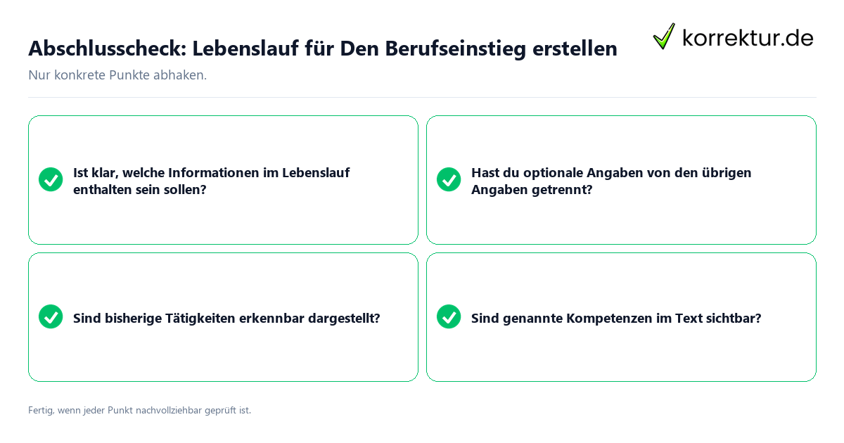 Konkreter Abschlusscheck zu Lebenslauf für Den Berufseinstieg erstellen