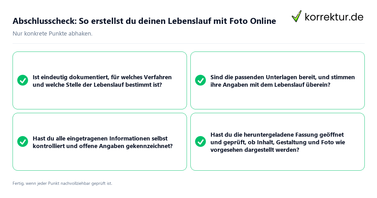 Konkreter Abschlusscheck zu So erstellst du deinen Lebenslauf mit Foto Online