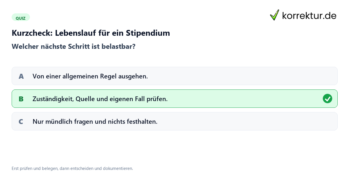 Lebenslauf für ein Stipendium mit einem Kurzquiz zum sinnvollen nächsten Schritt