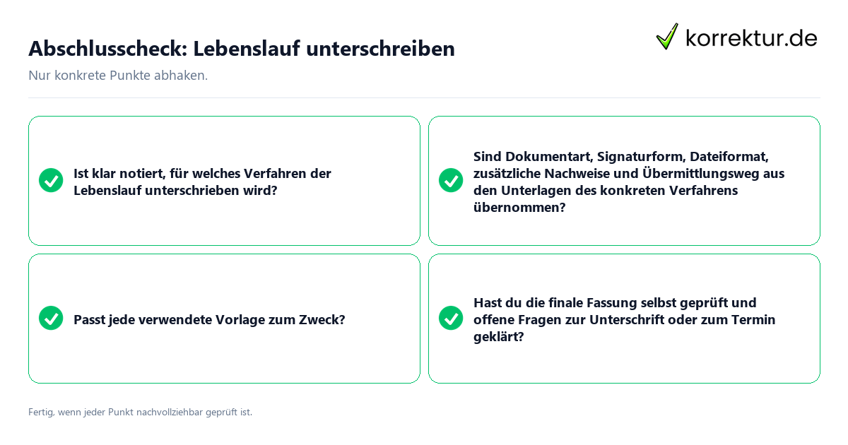 Abschlusscheck: Lebenslauf unterschreiben Konkreter Abschlusscheck zu Lebenslauf unterschreiben