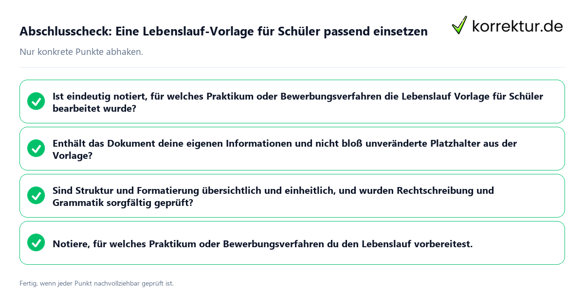 Konkreter Abschlusscheck zu Eine Lebenslauf-Vorlage für Schüler passend einsetzen