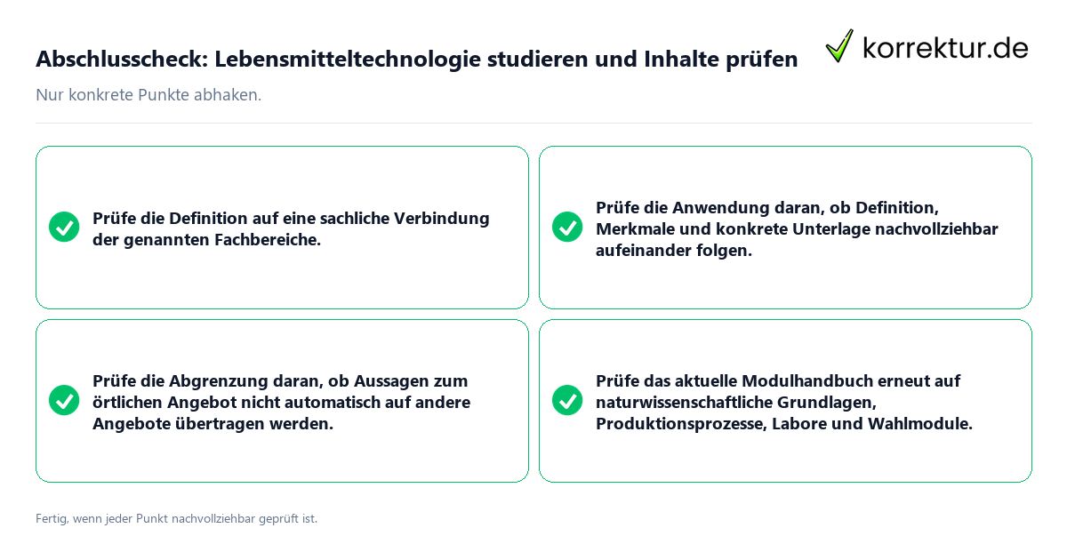 Konkreter Abschlusscheck zu Lebensmitteltechnologie studieren und Inhalte prüfen