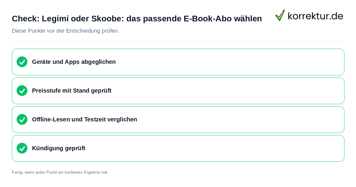 Check: Legimi oder Skoobe: das passende E-Book-Abo wählen Legimi oder Skoobe: das passende E-Book-Abo wählen: Prüfliste mit vier Punkten