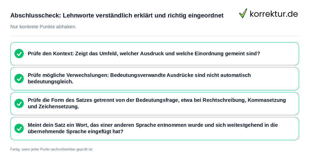 Abschlusscheck: Lehnworte verständlich erklärt und richtig eingeordnet Konkreter Abschlusscheck zu Lehnworte verständlich erklärt und richtig eingeordnet