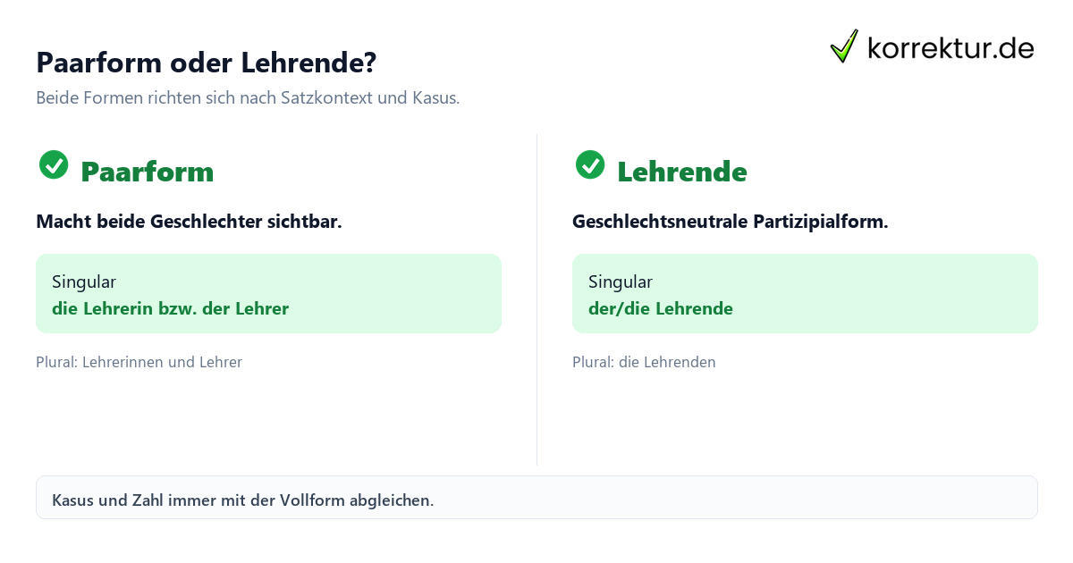 Paarform oder Lehrende? Lehrer und Lehrerin gendergerecht verwenden: Paarform und Lehrende vergleichen