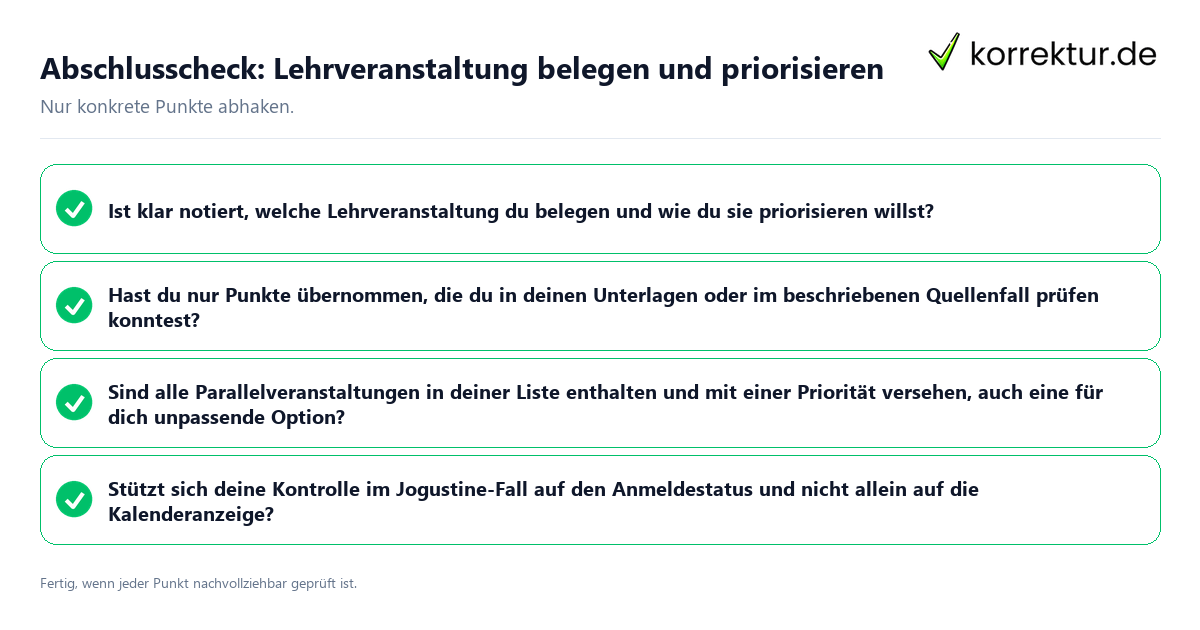 Konkreter Abschlusscheck zu Lehrveranstaltung belegen und priorisieren