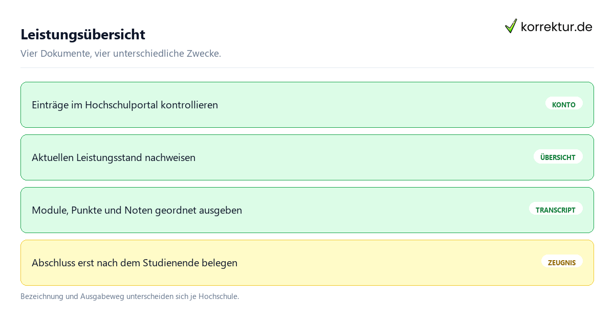 Leistungsübersicht und Transcript of Records: Dokumente und Zuständigkeiten Leistungsübersicht und Transcript of Records: Dokumente und Zuständigkeiten