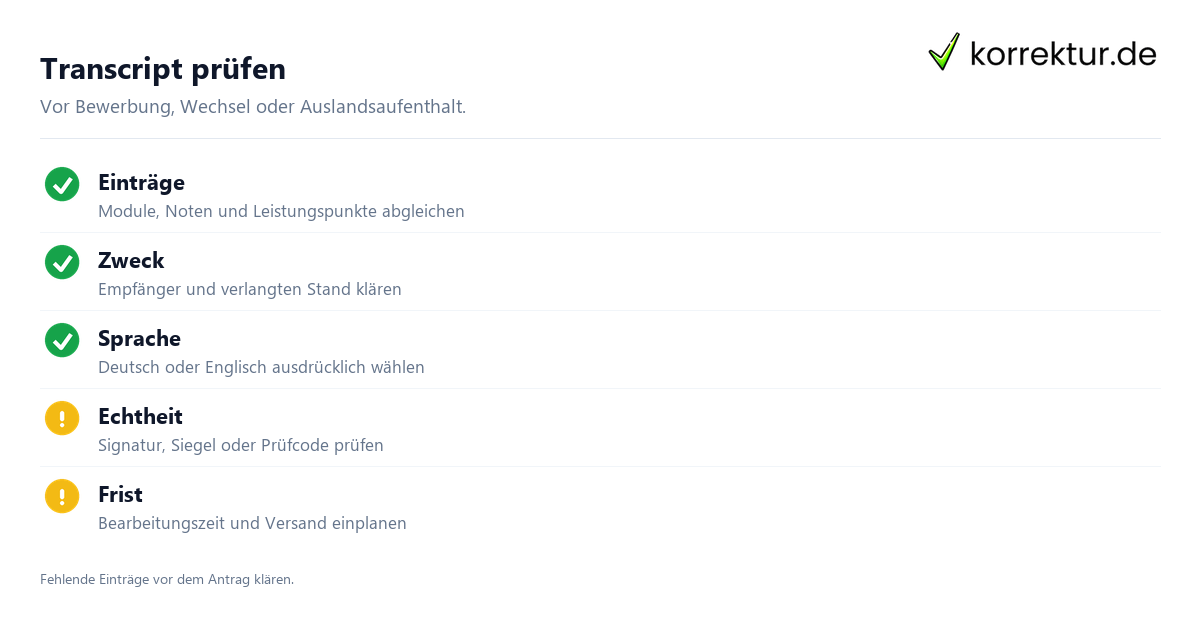 Leistungsübersicht und Transcript of Records: praktische Checkliste Leistungsübersicht und Transcript of Records: praktische Checkliste