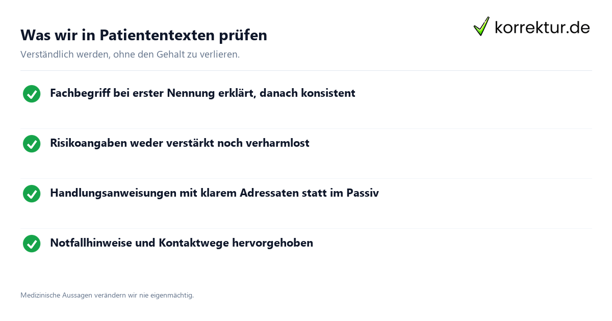 Was wir in Patiententexten prüfen Lektorat für Arztpraxis: Prüfpunkte in Patiententexten