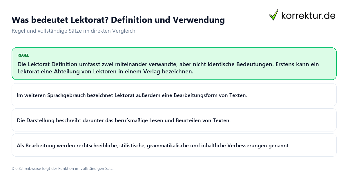 Was bedeutet Lektorat? Definition und Verwendung Konkrete Regel und vollständige Beispielsätze zu Was bedeutet Lektorat? Definition und Verwendung