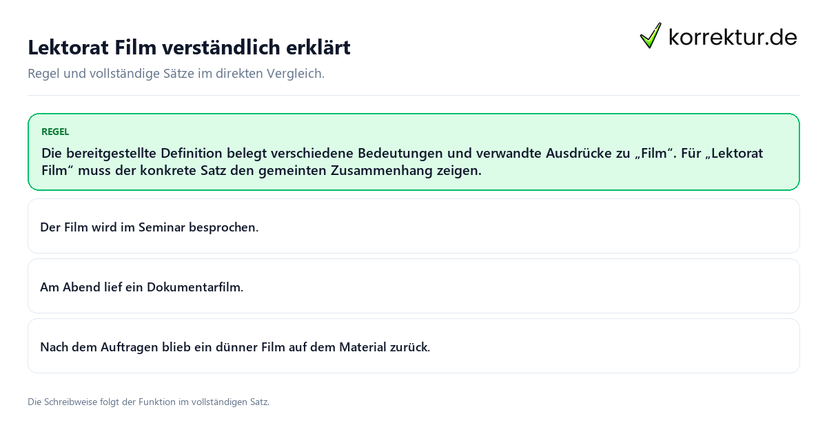 Konkrete Regel und vollständige Beispielsätze zu Lektorat Film verständlich erklärt