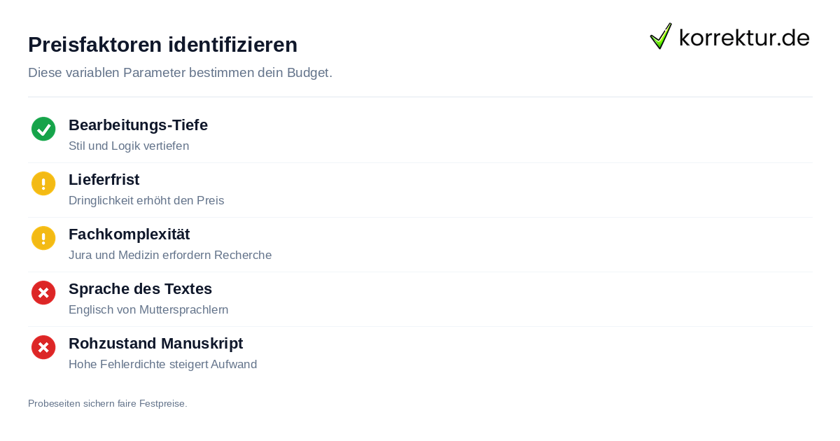 Preisfaktoren identifizieren Fünf Faktoren für Lektorat Kosten und Preise 2026