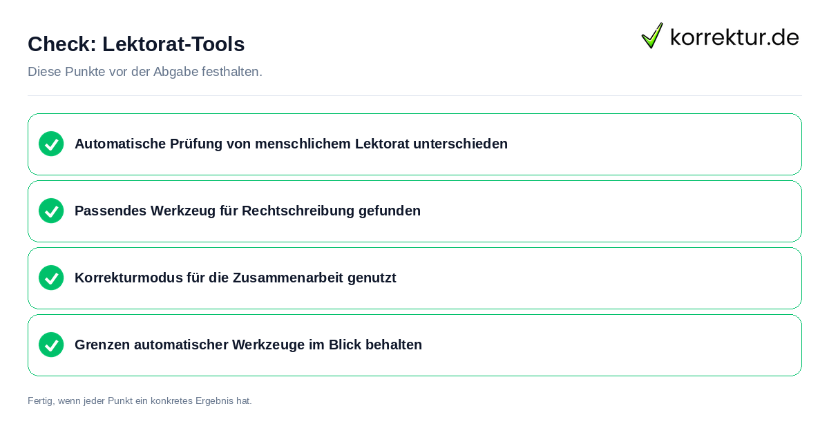 Check: Lektorat-Tools Lektorat-Tools: Prüfliste mit vier Punkten
