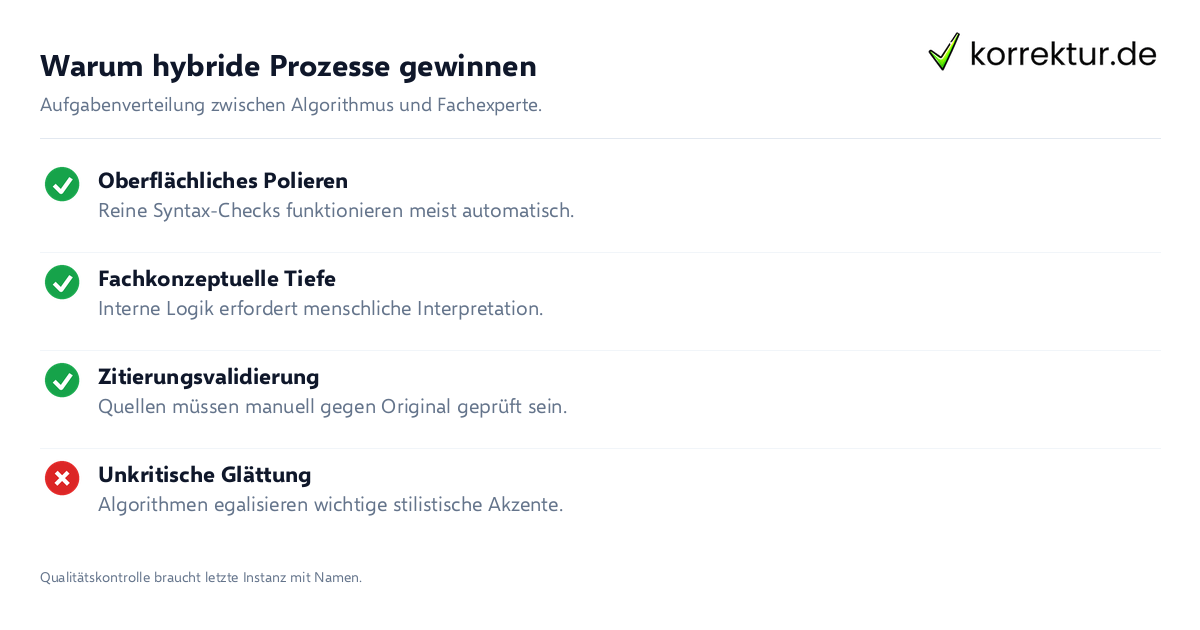 Warum hybride Prozesse gewinnen Vergleich Hybrides Modell versus reine KI Prüfung: Stärken menschlicher Lektorate bei akademischen