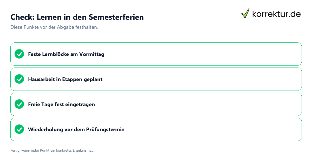 Check: Lernen in den Semesterferien Lernen in den Semesterferien: Prüfliste mit vier Punkten