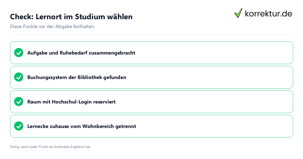 Lernort im Studium wählen: Prüfliste mit vier Punkten