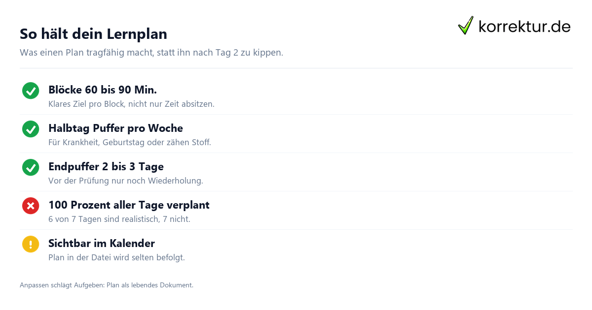 Checkliste realistischer Lernplan mit Puffer und Blöcken für Prüfungsphase