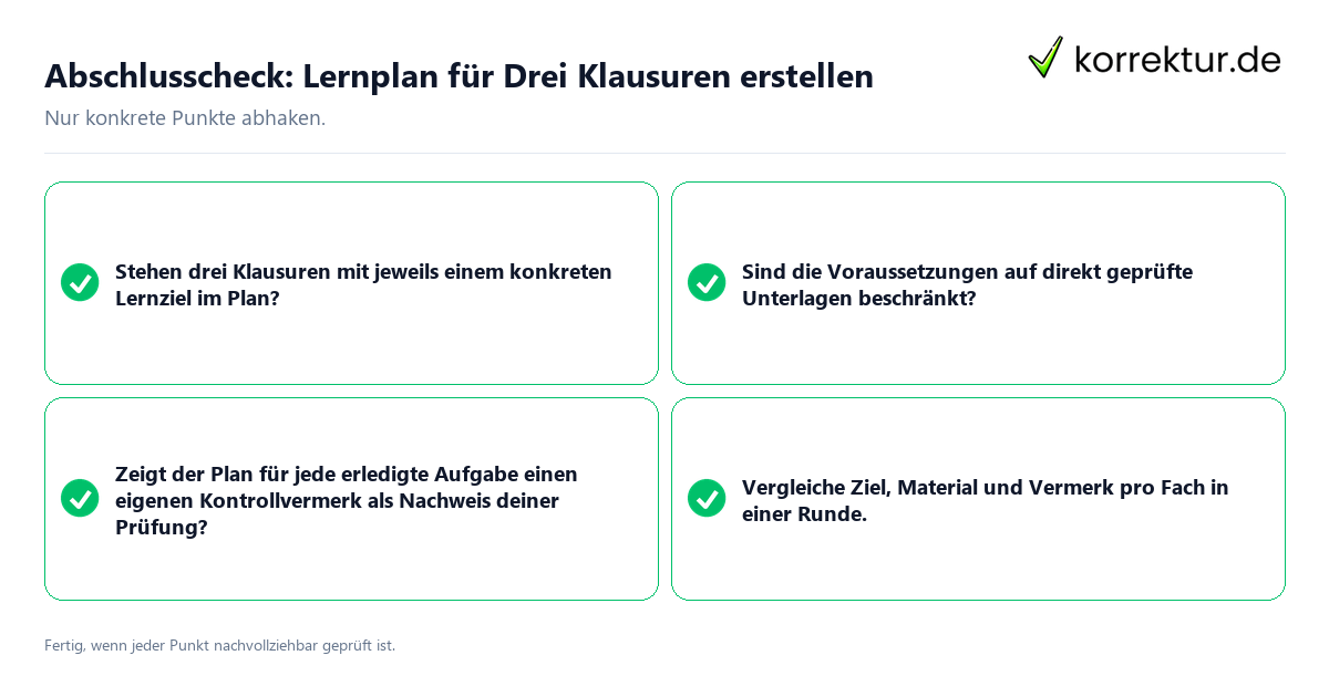 Konkreter Abschlusscheck zu Lernplan für Drei Klausuren erstellen