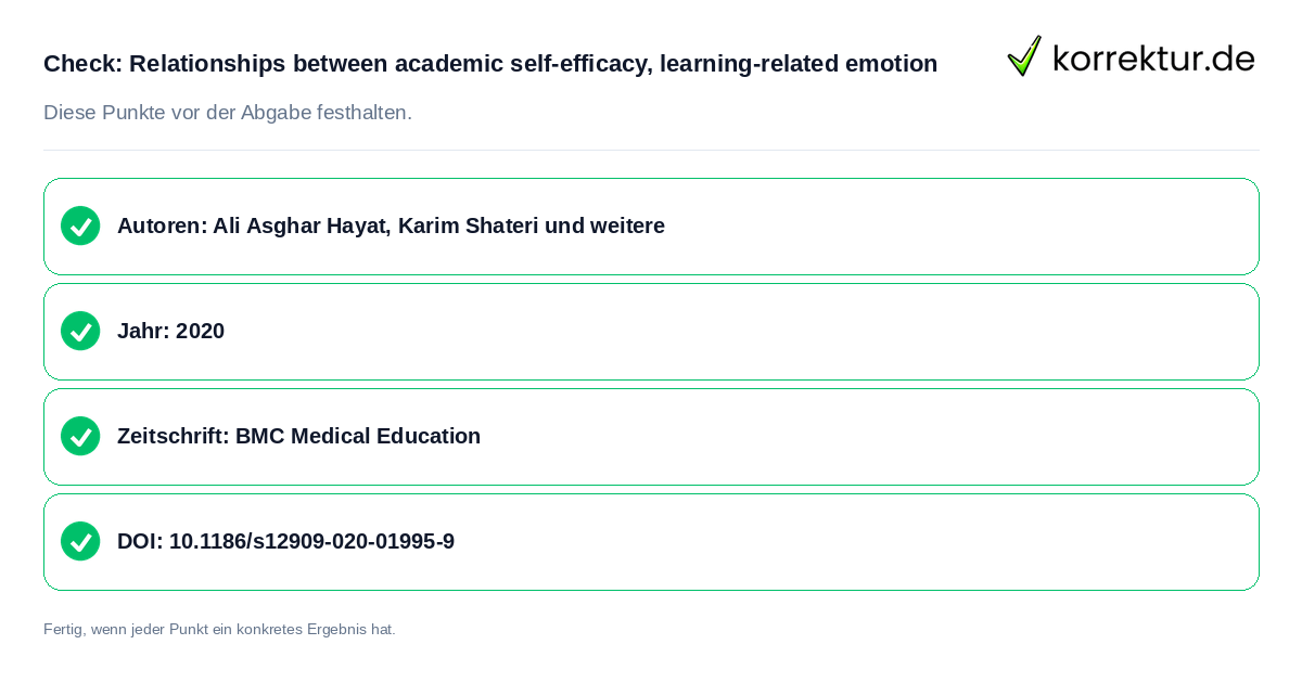 Check: Relationships between academic self-efficacy, learning-related emotion Relationships between academic self-efficacy, learning-related emotion: Prüfliste mit vier Punkten