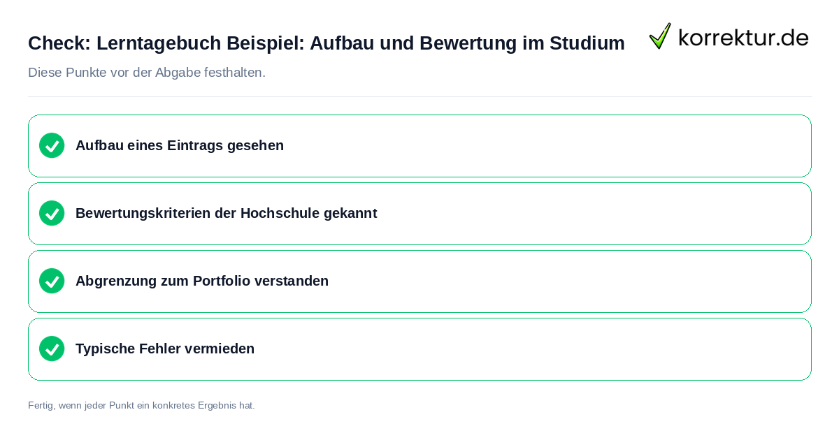 Check: Lerntagebuch Beispiel: Aufbau und Bewertung im Studium Lerntagebuch Beispiel: Aufbau und Bewertung im Studium: Prüfliste mit vier Punkten